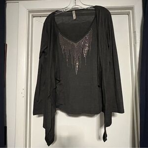 2/$15 Espresso Charcoal V-Neck Sweater with Rhinestone Accents